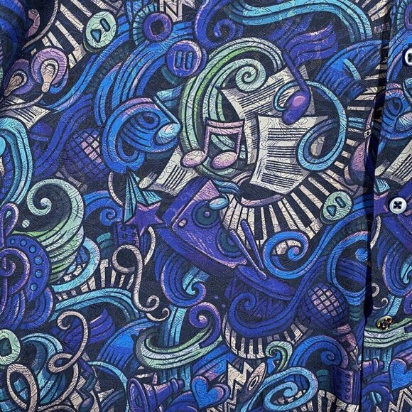 Gene Hiller Shirt Musical Eclectic Printed Jazz Musician Blue Colorful Sz Large - Picture 4 of 13